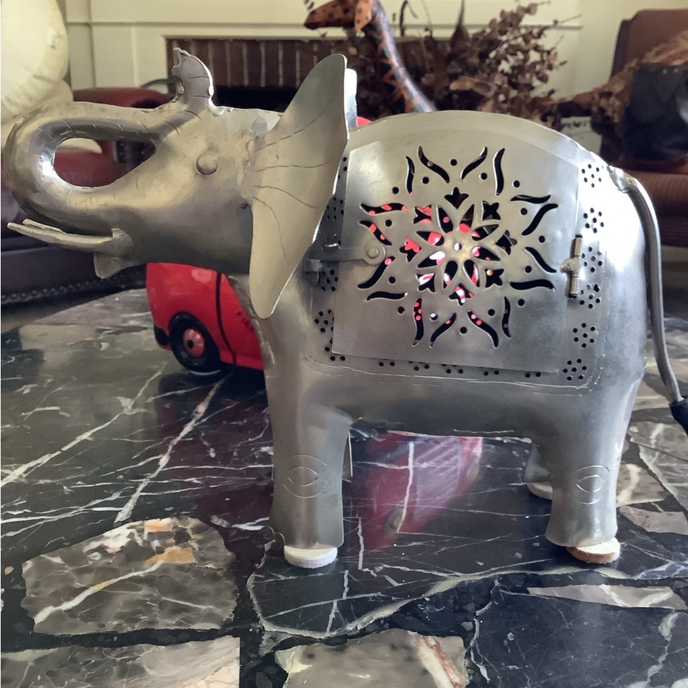Large ornate Zodax silver metal elephant votive candle holder statue 15x9